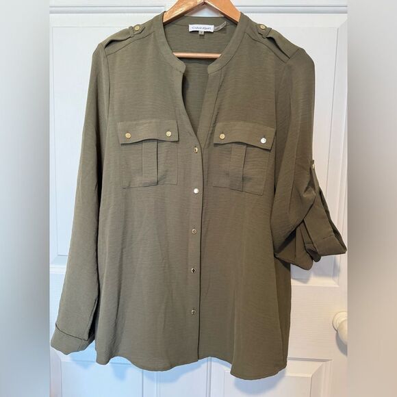 Calvin Klein Green 3/4 Sleeve Button Down Blouse - Picture 1 of 9